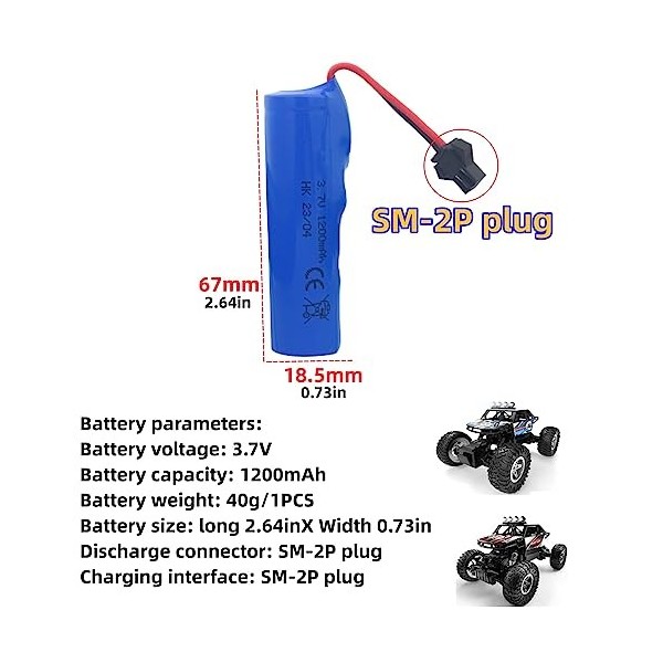 ZYGY 2PCS 3.7V 1200mah Batterie au Lithium pour Voiture Télécommandée DE42 DE45 DE58 DE49 DE57 DE70 1:14 véhicule Tout-Terrai