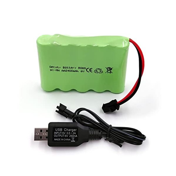 Gecoty® - Batterie NiMH AA rechargeable - 6 V - 2 400 mAh - Avec prise SM 2P et câble de charge - Pour voiture, SUV 4X4, blin