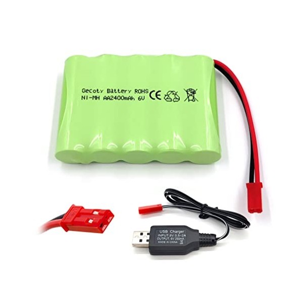 Gecoty® - Batterie NiMH AA rechargeable - 6 V - 2 400 mAh - Avec prise SM 2P et câble de charge - Pour voiture, SUV 4X4, blin