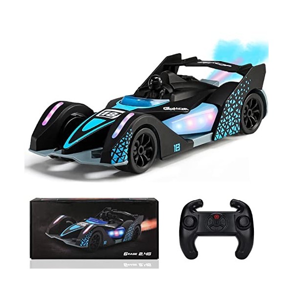 BMSARE Voiture Telecommandé, Voiture RC 2,4GHz avec Lumière LED et Spray, Voiture Jouet F1 à Rotation 360°, 4WD Haute Vitesse