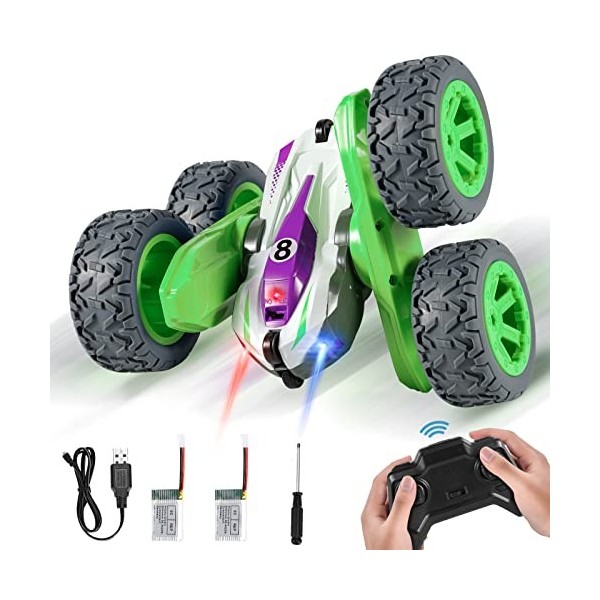 Kiztoys&1 Voiture Télécommandée, RC Stunt Car Jouet, 4WD, 2.4GHz RC Stunt Auto 360° Flip All Terrain avec 2 Batteries Recharg