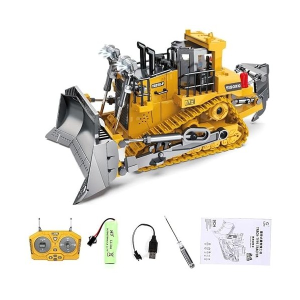 GOXAEEE 1:20 Jouet Bulldozer télécommandé, 2,4GHz RC entièrement Fonctionnel Rechargeable par USB 9 canaux avec lumière et So