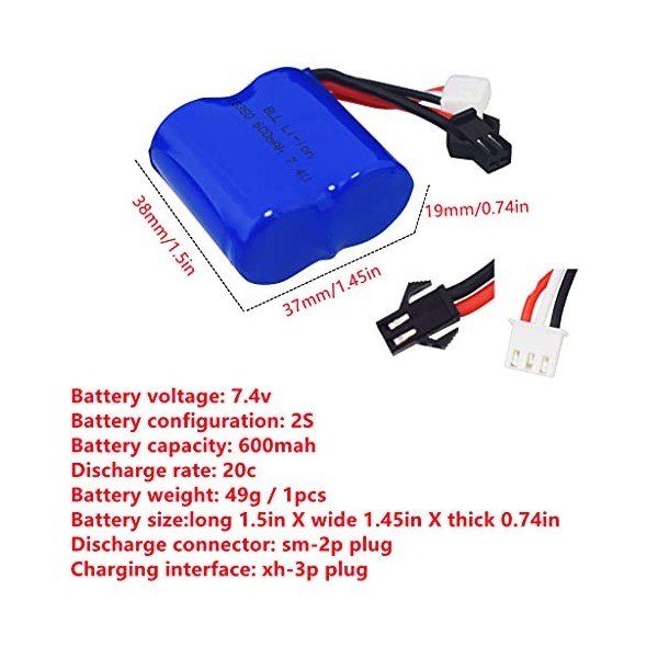 ZYGY 2PCS 7.4V 600mah Batterie au Lithium avec Chargeur déquilibrage 2 en 1 pour Syma Q2 Q3 Skytech H100 H102 H106 H120 pièc