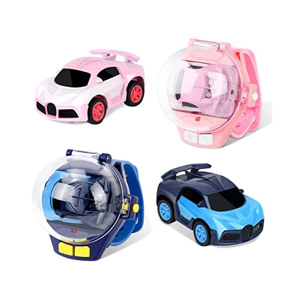 Lanceasy 2 Pcs Mini Dessin Animé RC Rose et Bleu Télécommande Voiture USB Rechargeable Sangle Contrôle Amovible Horloge Téléc