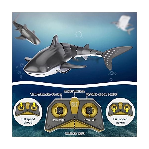 Fauitay Jouet de Requin télécommandé, 2.4G RC Télécommande Poisson Télécommande Shark 4CH RC Bateau Jouet Rechargeable USB Él