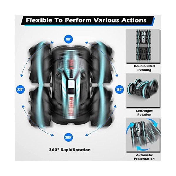 TaiCy Voiture télécommandée, Voiture de Cascade de Course 2,4 GHz, Rotation rotative à 360 ° Double Face, Mode démo Musique e
