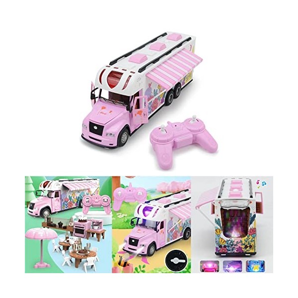 Voiture de buffet de voiture de camping-car rose télécommandée pour enfants de 5 à 12 ans, jouet électrique avec accessoires,