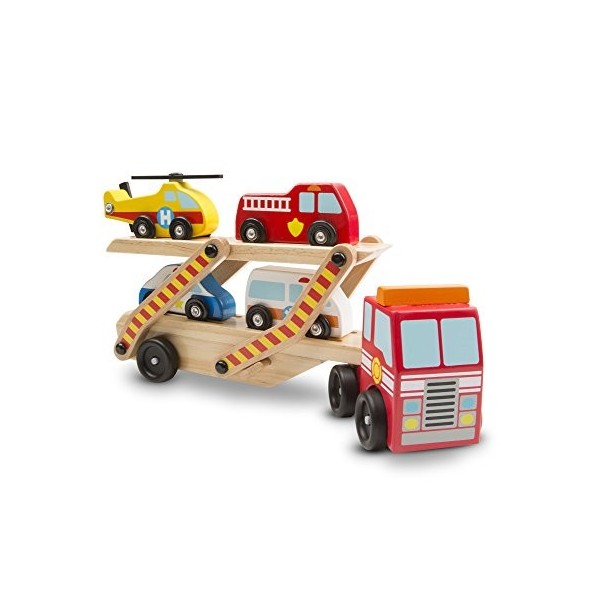 Melissa & Doug Wooden Emergency Vehicle Carrier, Magnetic Wooden Cars & Truck Toy , Wooden Toys for 3 Year Old Boy Gifts , To