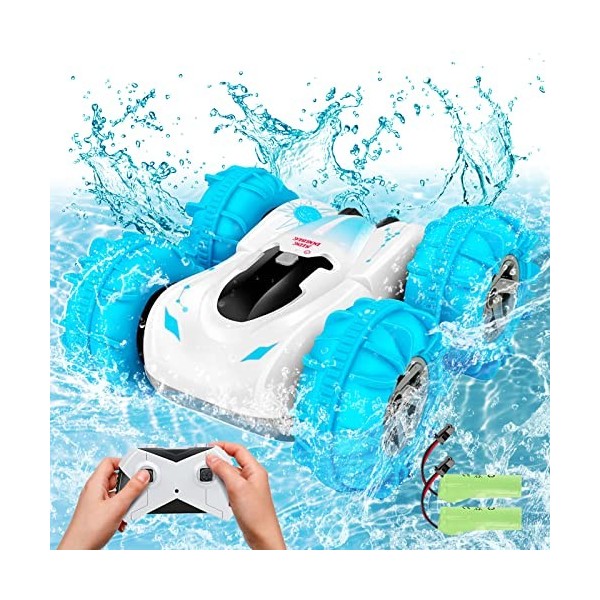 Tecnock Voiture Télécommandée Amphibie 2,4GHz étanche avec 2 Batteries Rechargeables pour 40 Minutes de Jeu, 4WD Hors Route, 