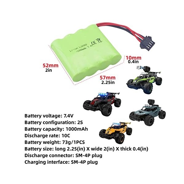 ZYGY 2PCS 7.4V 1000mah SM-4P Plug Batterie Rechargeable & câble de Charge USB pour DE36W DE65 NO.1809 RC Voiture Jouet Modèle