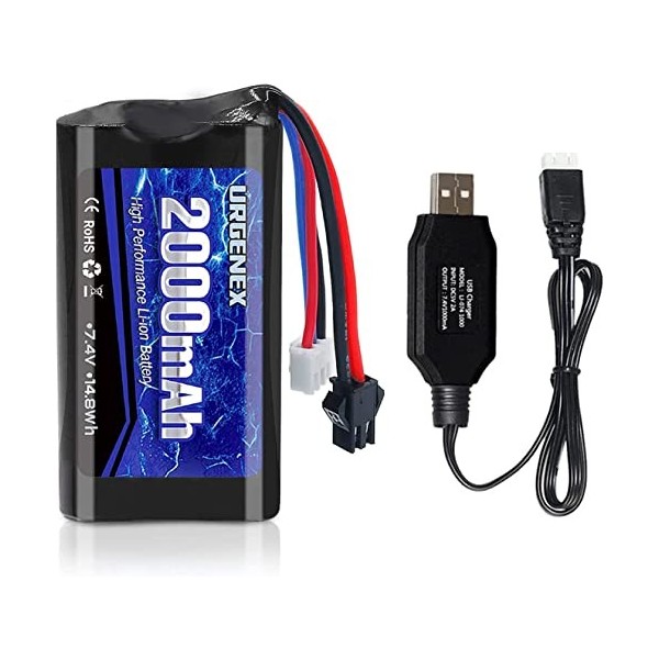 URGENEX Batterie Li-ion 7,4 V 2000 mAh 2S avec prise SM 2P haute capacité pour bateau télécommandé télécommandé 1 pack H101 R