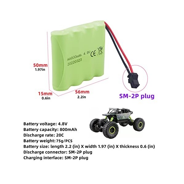 ZYGY Lot de 2 batteries de voiture rechargeables SM2P 4,8 V 800 mAh pour camion télécommandé, excavatrice, batterie de voitur