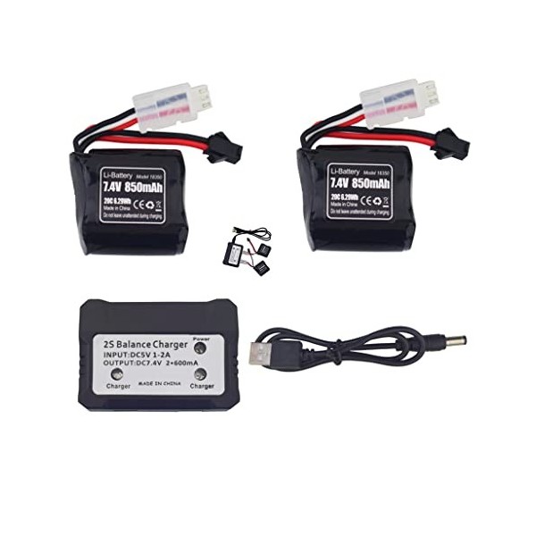 ZYGY 2PCS 7.4V 850mAh SM-2P Plug Lithium Batterie & 2 en 1 Chargeur pour Syma Q2 Q3 Skytech H100 T1 T02 H102 H106 H108 H120 B