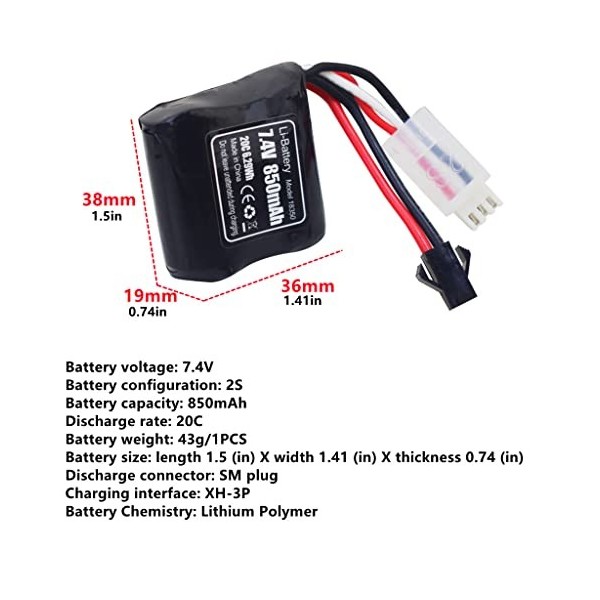 ZYGY 2PCS 7.4V 850mAh SM-2P Plug Lithium Batterie & 2 en 1 Chargeur pour Syma Q2 Q3 Skytech H100 T1 T02 H102 H106 H108 H120 B