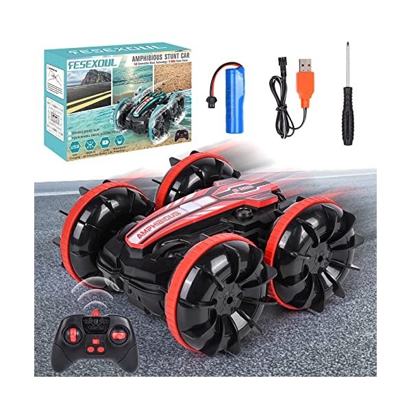 Fesexoul Voiture Télécommandée Amphibie, 4WD 360°Rotation 2.4GHz RC Voiture Tout Terrain Etanche, Stunt Car avec Batterie Rec