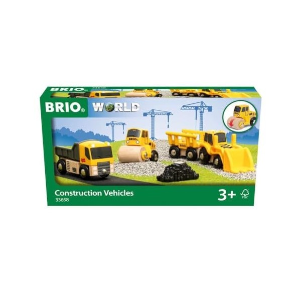 BRIO World - 33658 - Coffret de 3 engins de chantier - Pour circuit de train en bois - Camion benne / Rouleau compresseur / C