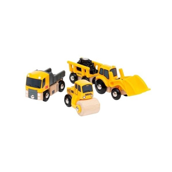 BRIO World - 33658 - Coffret de 3 engins de chantier - Pour circuit de train en bois - Camion benne / Rouleau compresseur / C