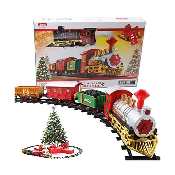 Train Electrique Noel,Train Jouet pour Enfants Train de Noël à Piles avec Rails, Lumières & Sons - Décoration Sapin de Noël &
