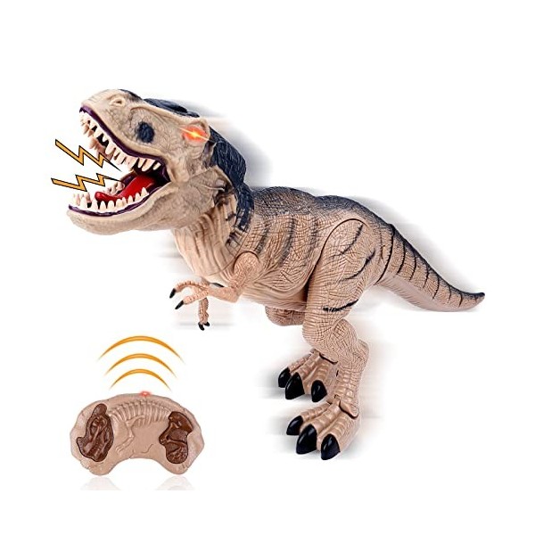 deAO Dinosaure téléguidé pour Enfants, Qui Marche, rugit, respire de la Vapeur et Peut secouer la tête Marron 