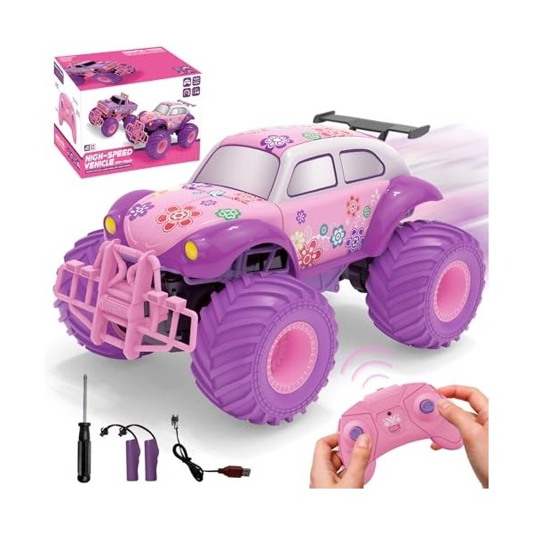 Hereneer Rose RC Télécommandé, 1/18 Télécommandé Voiture Tout-Terrain, Off-Road Coccinelle Voiture, Convient pour 3-12 Garçon