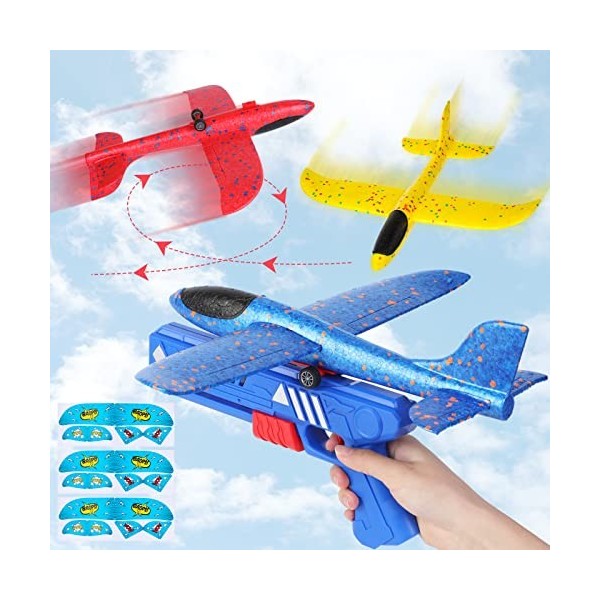 Avion Polystyrene avec Pistolet Catapulte, 4pcs Planeur Avion Jouet Mousse Jeu de Lancer Jeux Extérieur Jardin Interactif Cad