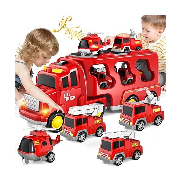 Jouets de Camion de Pompiers pour 1 2 3 4 5 6 Ans garçons Toddler, 5 en 1 Kids Carrier Toy Birthday, Auto Friction Power Toys