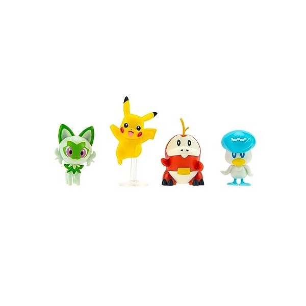 Pokemon PKW3402 Lot de 4 Figurines de Bataille avec Pikachu, Crokel, Kwaks, Felori, Figurines détaillées Officielles, 5 cm