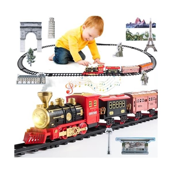Train Electrique Noel Ensemble de Train pour Enfants, Jouet de Train à Vapeur, Train De Noël avec Fumé, Sons, Lumières, Rails