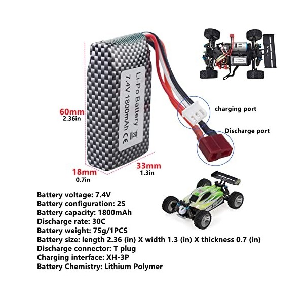 ZYGY 2PCS 7.4V 1800mah Batterie au Lithium Haut débit tête en T pour WLTOYS A959-B A969-B A979-B K929-B 144001 RC Batterie de