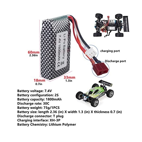 2pcs 7.4V 1800mAh T-Plug Batterie au Li pour WLTOYS 144001 12402 12403 12404 12423 12428A959-B A969-B A979-B K929-B Tout-Terr