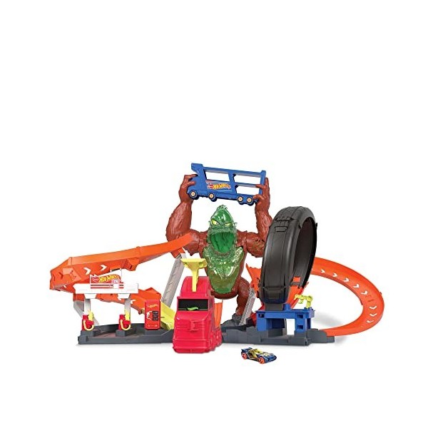 Hot Wheels - Hot Wheels City - Attaque du Gorille Toxique - Coffret avec Voiture, Station-Service - Sons et Lumières - Échell