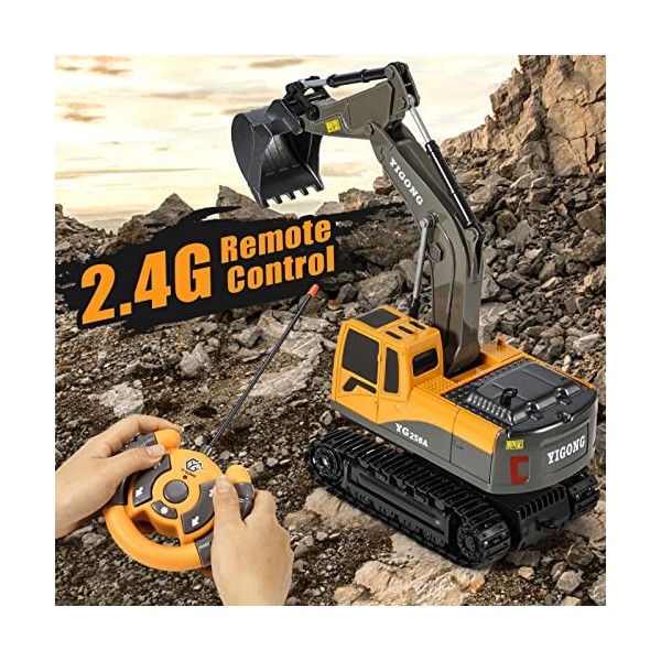 Kizeefun Excavatrice Télécommandée, RC Digger avec Lumières et Sons pour Enfants, 2,4 GHz 360 ° RotationTrucks pour Garçons F