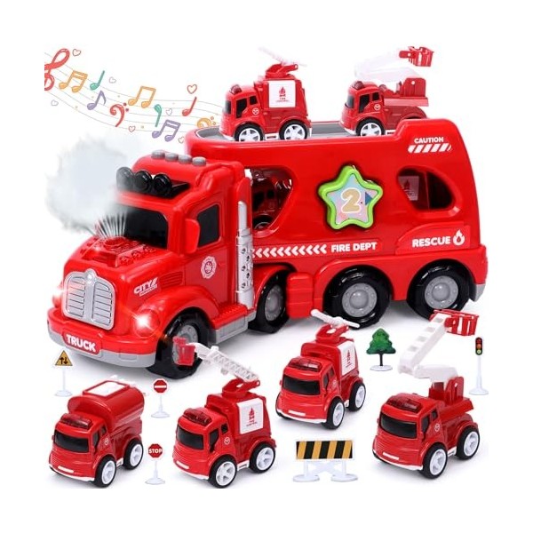 vamei Camion de Pompier Jouet Voiture Pompier Enfant avec Lumières Musique  Vapeur, 5 en 1 Grand Camion Pompier Véhicule Jouet