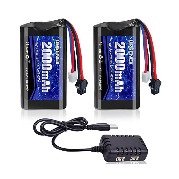 URGENEX Batterie Li-ion 7,4 V 2000 mAh 2S avec prise SM 2P haute capacité pour commande à distance RC Boat 2 paquets de batte