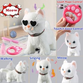 Marsjoy Ensemble de Chat Qui Marche en Laisse Blanche Chantant Qui ronronne et miaule Robot en Peluche animé Chaton Animal de