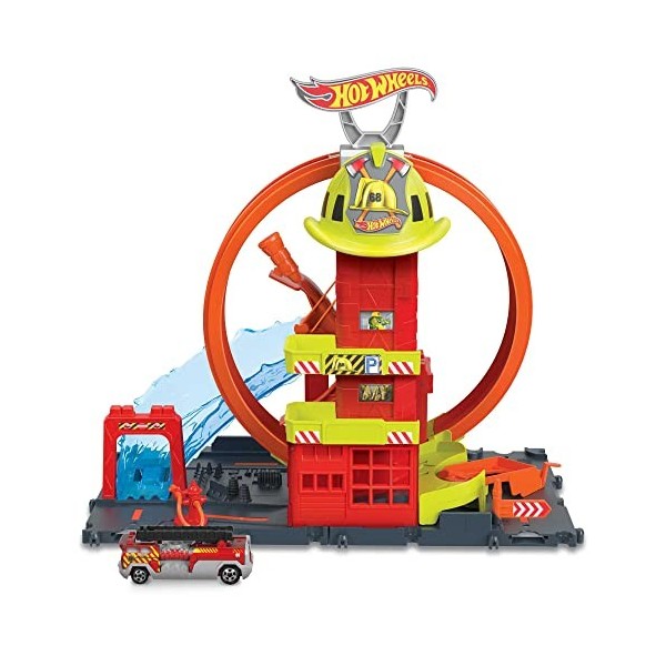 Hot Wheels City Coffret Looping Caserne de Pompiers avec 1 voiture, ascenseur manuel, rampe jet d’eau, éléments de piste, Jou