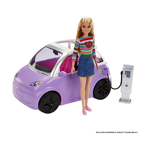Barbie Voiture violette convertible avec toit ouvrant, Véhicule électrique avec station de charge et prise, Jouet Enfant, Dès