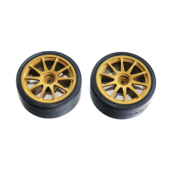 TAMIYA 300051219 – Lot de 2 pneus Drift Type D avec Jantes, 26 mm, doré