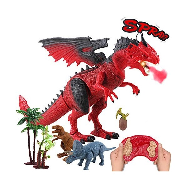 deAO Dinosaure télécommandé pouvant Marcher, rugir, cracher du feu et secouer la tête avec 3 Dinosaures Miniatures Inclus Ro