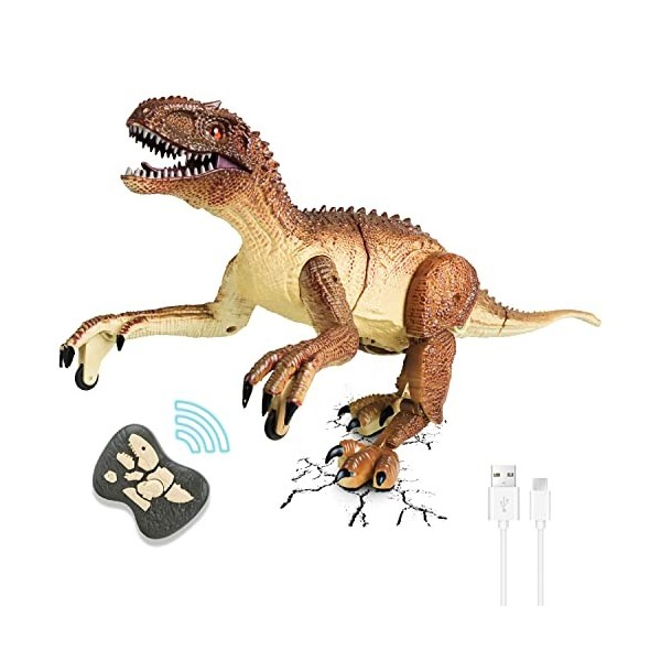 Kiztoys Jouet Dinosaure Télécommandé pour Enfants Velociraptor Réaliste avec Marche, Fraction, Yeux Lumineux et Secoue la Têt