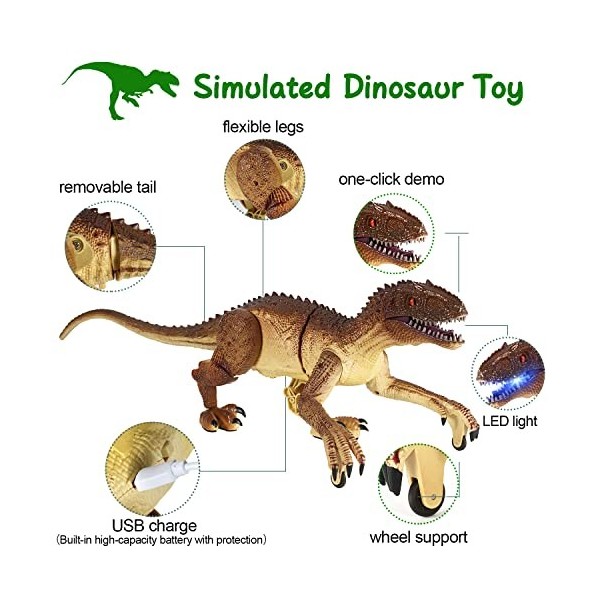 Kiztoys Jouet Dinosaure Télécommandé pour Enfants Velociraptor Réaliste avec Marche, Fraction, Yeux Lumineux et Secoue la Têt