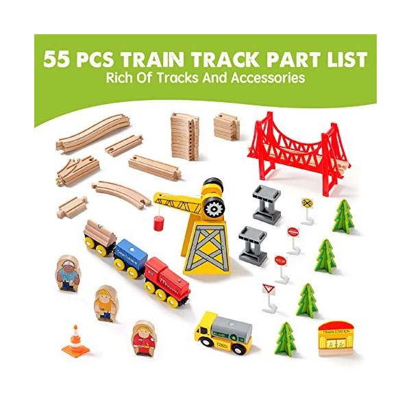 Tiny Land Lot de 55 Trains en Bois pour garçons avec Voie de Train en Bois, Train Jouet pour Tout-Petits et Enfants de 3 Ans 