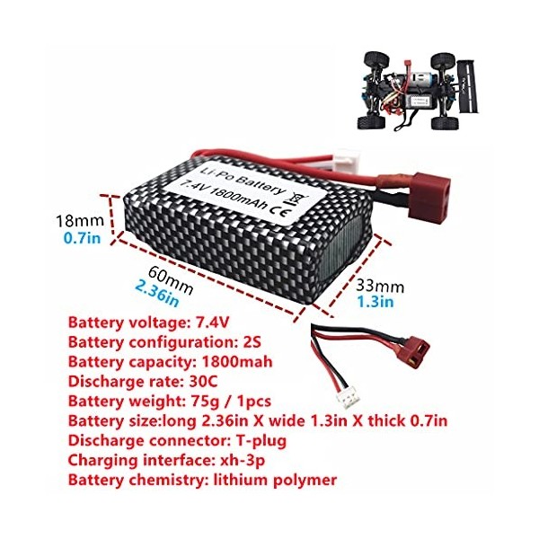 2PCS 7.4V 1800mah Batterie au Li & 7.4V 2 en 1Chargeur déquilibre pour WLTOYS A959-B A969-B A979-B K929-B 144001 Pièces de R