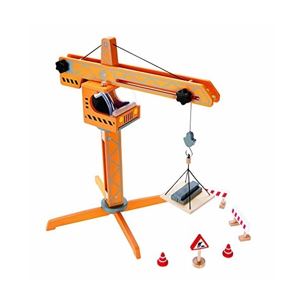 Hape Grue en Bois Enfant - Jeu dImitation Fun Chantier en Bois - Enfants de 3 ans et Plus - Accessoires Grande Grue Transpor