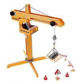 Hape Grue en Bois Enfant - Jeu dImitation Fun Chantier en Bois - Enfants de 3 ans et Plus - Accessoires Grande Grue Transpor