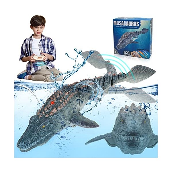 homicozy Bateau télécommandé 2,4 GHz RC Mosasaurus Jouet télécommandé Dinosaures Jouets de piscine Jouets pour garçons et fil