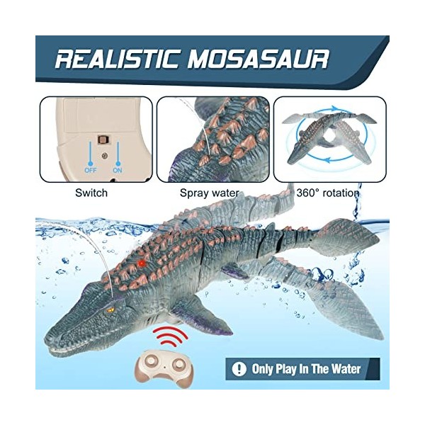 homicozy Bateau télécommandé 2,4 GHz RC Mosasaurus Jouet télécommandé Dinosaures Jouets de piscine Jouets pour garçons et fil