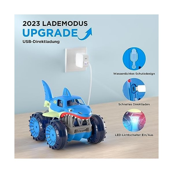 Voiture Télécommandée Amphibie à Charge Directe Requin, 2.4 GHz 4WD 360 ° Flip Stunt Car avec LED, Jouet de Voiture Télécomma