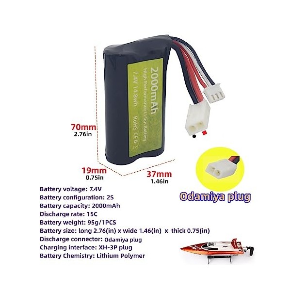 ZYGY 2PCS 7.4V 2000mah Batterie Li-ION Prise Odamiya et 2 en 1 Chargeur pour UDI009 UDI902 UDI002 AA102 feilun FT009 Bateau R