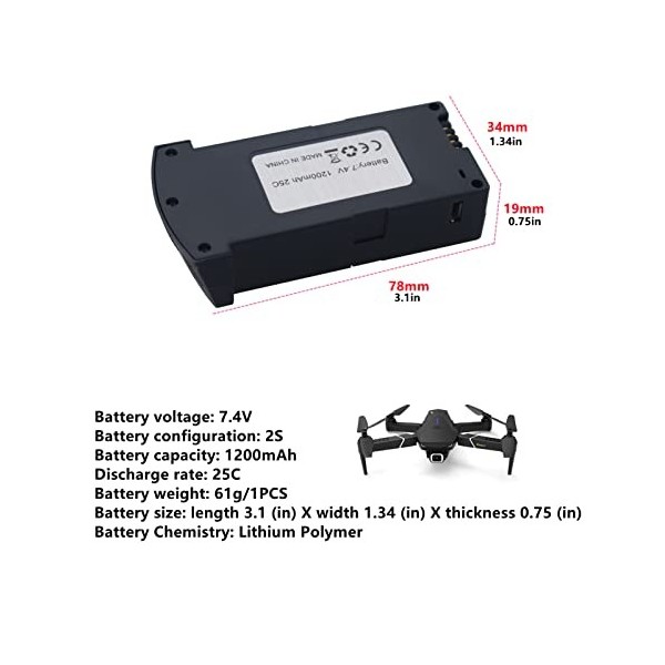 ZYGY 2PCS 7.4V 1200mAh Batterie Au Lithium pour E520 E520S Quadricoptère Pliant Télécommande Drone Batterie